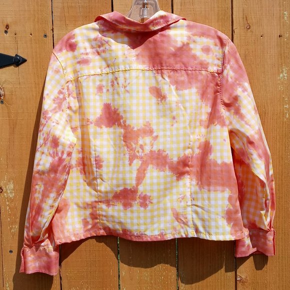 Foxcroft Crop Button Down Top Women's 16 Yellow Gingham Rose Tie Dye Lightweight - Picture 4 of 7